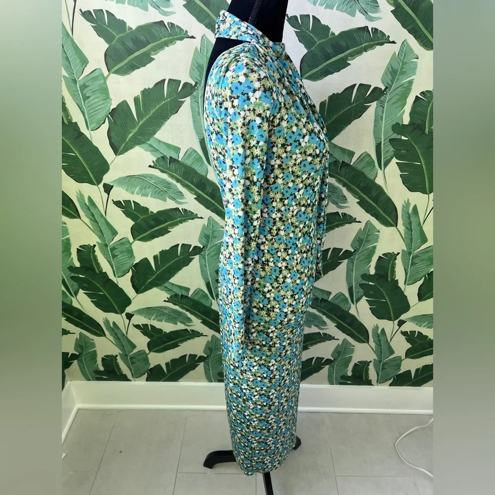 Zara‎ green blue floral long-sleeve midi dress high neck Kentucky Derby Medium